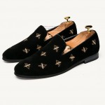 Black Velvet Embroidered Gold Bees Mens Oxfords Loafers Dress Shoes Flats